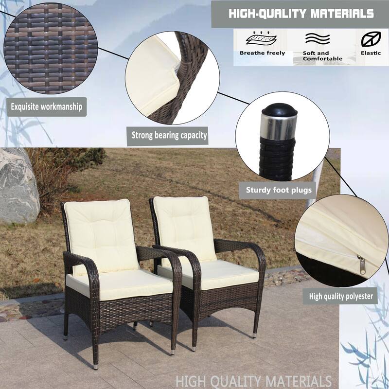 2-Piece Wicker Outdoor Dining Chairs with Beige Cushions