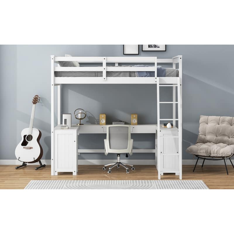Twin Size Loft Bed with U-shaped Desk, Drawers, Storage Shelves