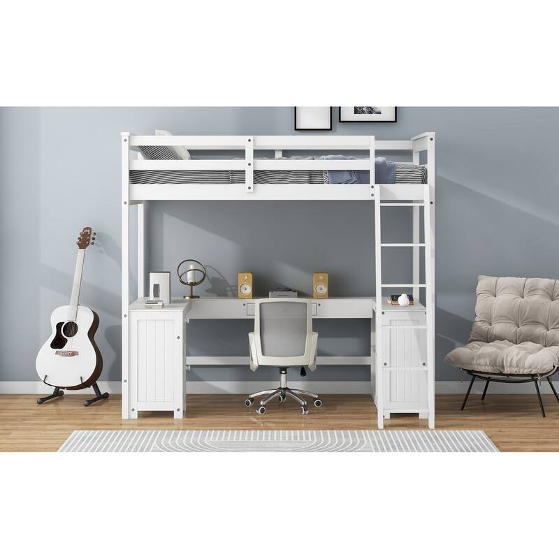 White Twin Size Solid Wood Loft Bed with Desk, Blackboard, and Drawers