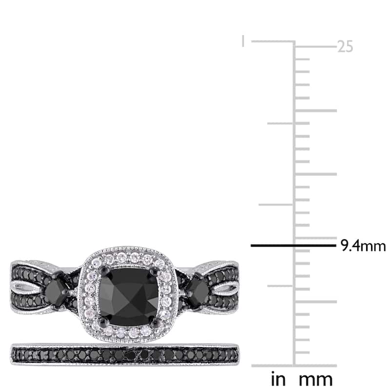 Miadora Signature Collection Sterling Silver with Black Rhodium 1 1/2ct TDW Black and White Diamond Split Shank Bridal Ring Set