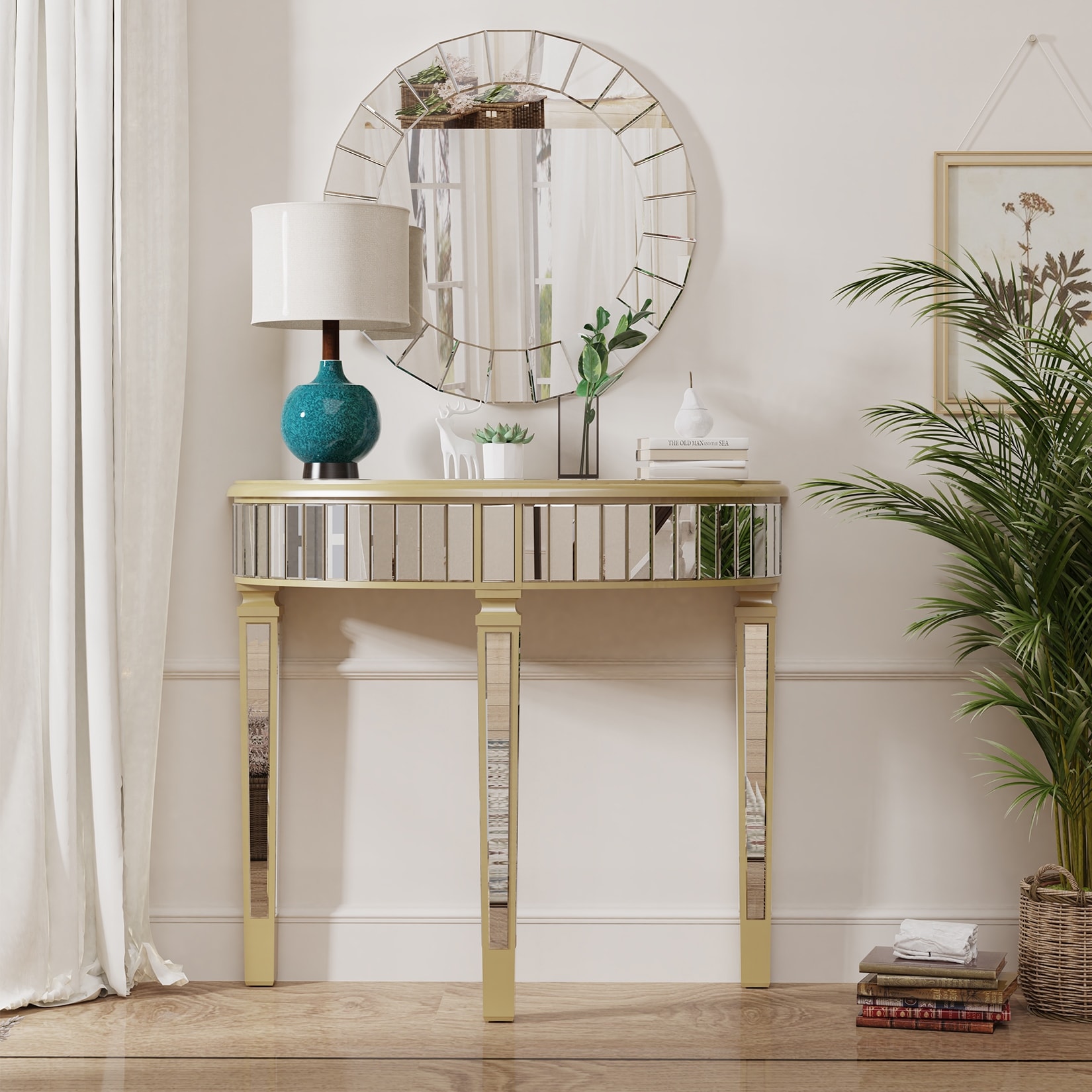 Silver Mirrored Console Table Half-moon