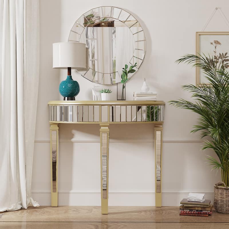Silver Mirrored Half Moon Console Table Sofa Table - 35.4x31.6 inch