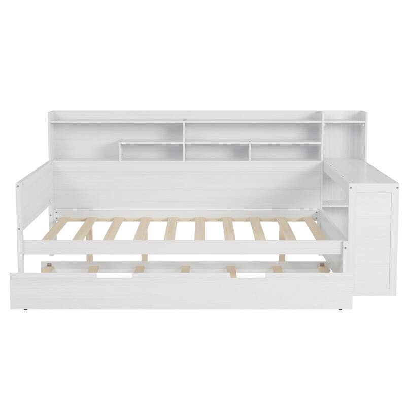 Full Size Daybed with Storage Shelves, Multi-Functional Bed with Twin Trundle and Built-In Study Desk, Space-Saving Design