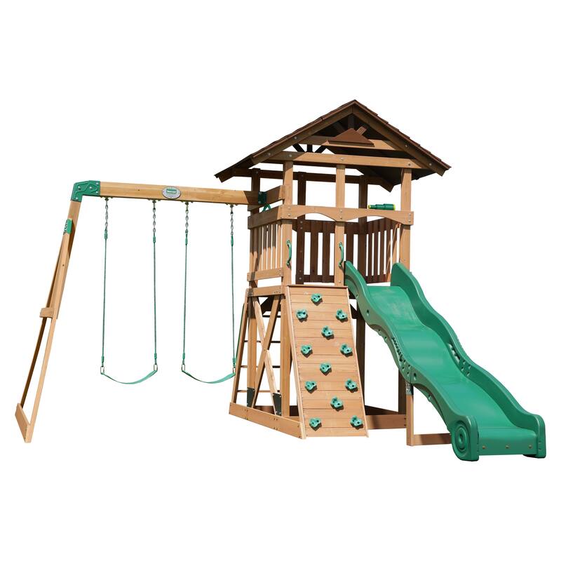 Backyard Discovery Lightning Ridge Cedar Wood Swing Set, Slide, Deck - 12'5" x 14'0" - Brown - Swing Set - 12'5" x 14'0" - Kids