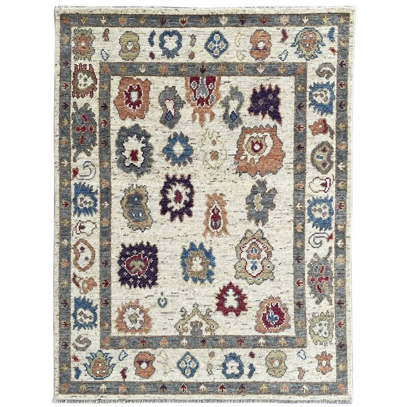 Ivory Hand-Knotted Wool Modern Oushak Rug, 8' x 10', plush cozy floor accent - L