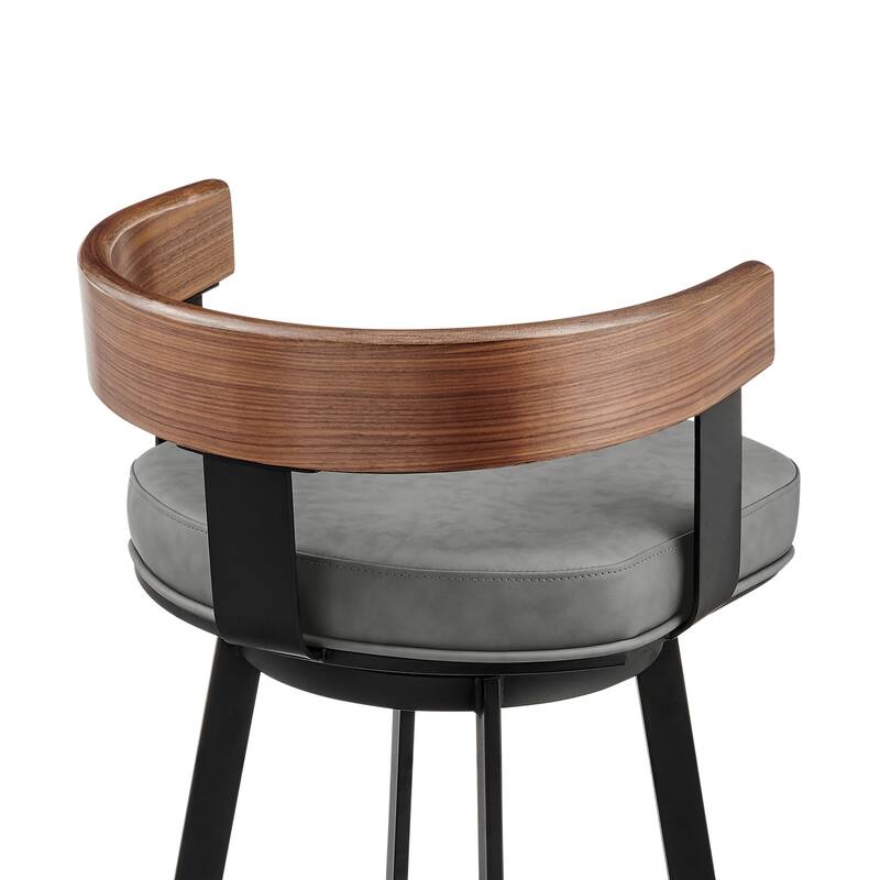 HomeRoots 30" Gray Brown and Black Faux Leather and Iron Low Back Bar Height Swivel Bar Chair