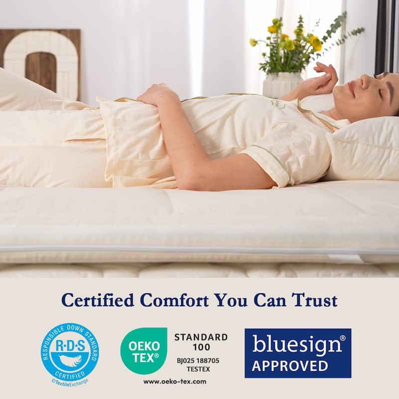 White Goose Feather Bed Fitted Mattress Topper with 100% Organic Cotton Cover