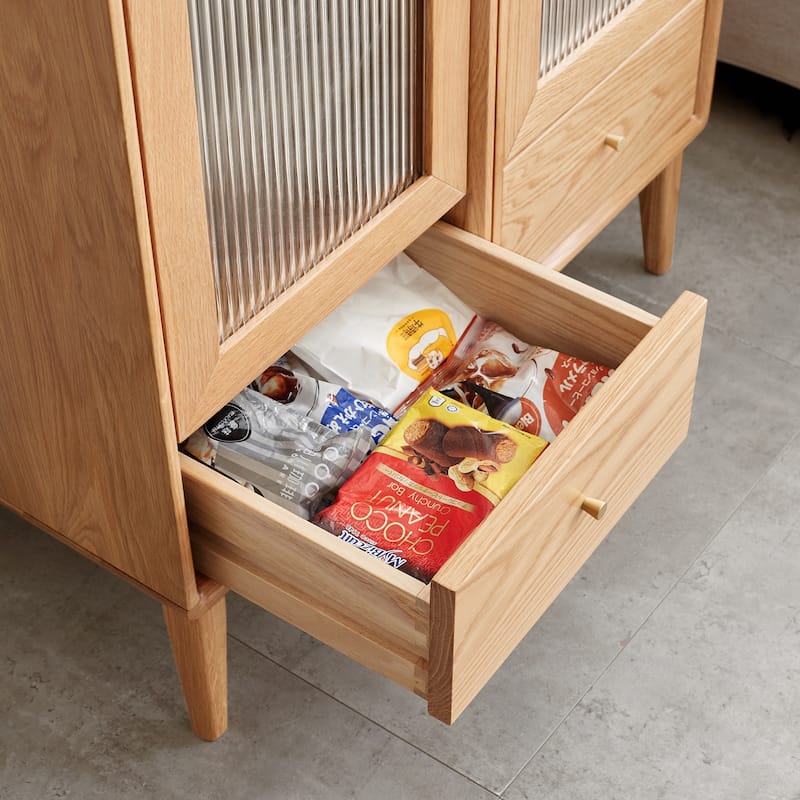 Solid Oak Storage Cabinet, Free-Standing Corner Storage Table with Vintage Glass Door,2 Shelves,1 Drawers & Brass Handle