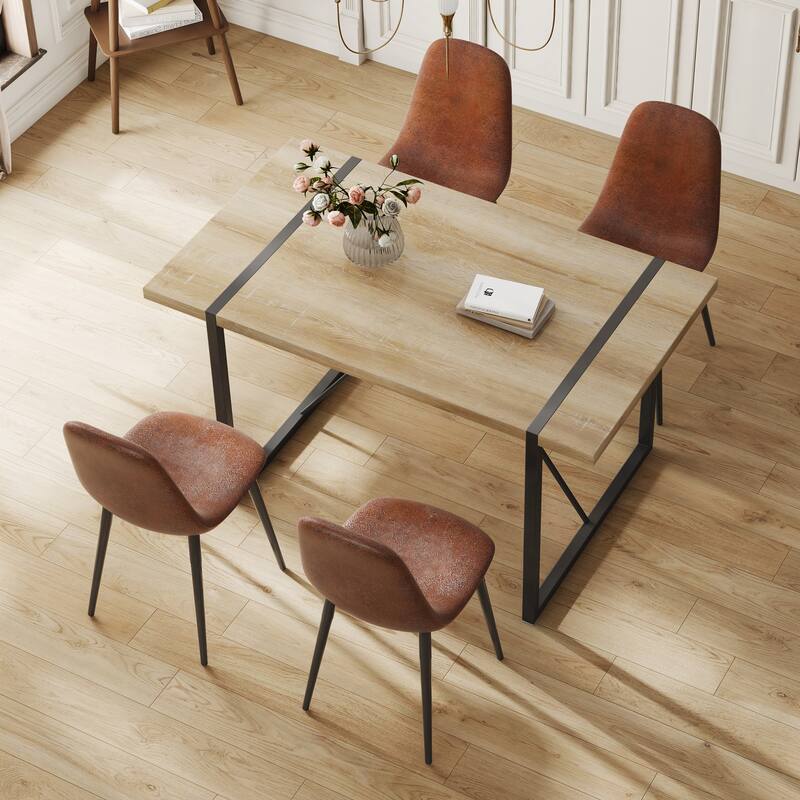 Brown Ergonomic Fabric Seating with Metal Legs, Dining Table Coffee Table, Dining Table & Chairs Set - Brown Black Wood
