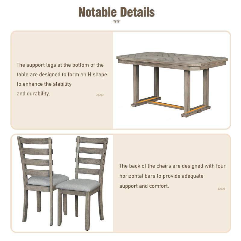 Gray 6-Piece Wooden Dining Table Set with Geometric Pattern Tabletop & 4 Chairs