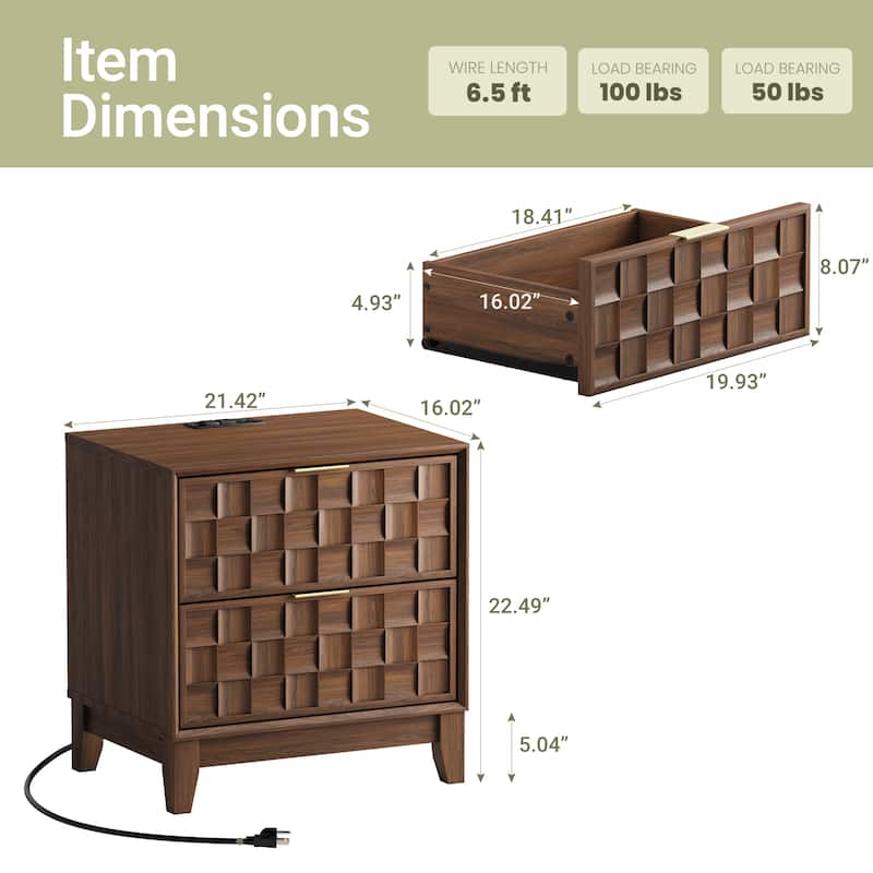 22" Modern Nightstand with Charging Station & 2 Drawers - Compact Bedroom Side Table​