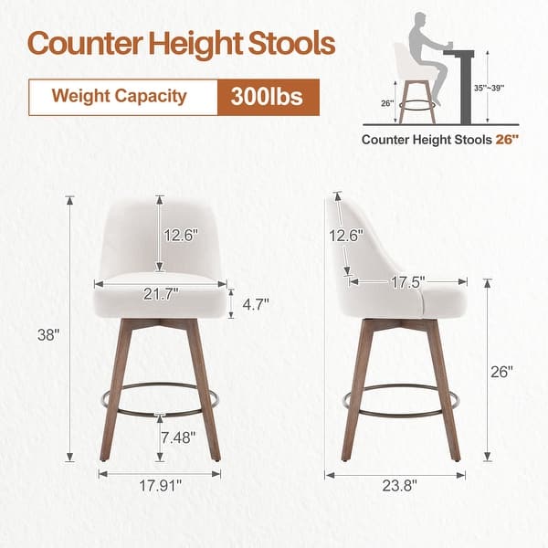 dimension image slide 4 of 7, 26" Counter Height Swivel Bar Stool, Upholstered Counter Stools - 23.8" (D) x 21.7" (W) x 38" (H)