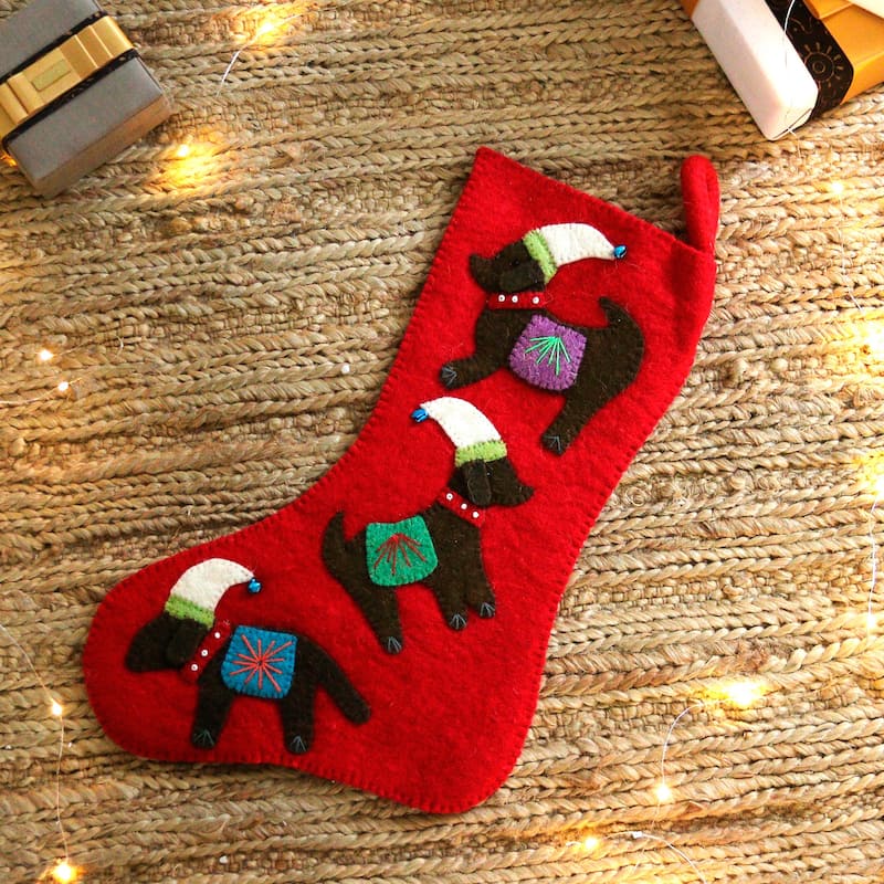 Novica Handmade Festive Dogs Applique Wool Felt Beaded Christmas Stocking