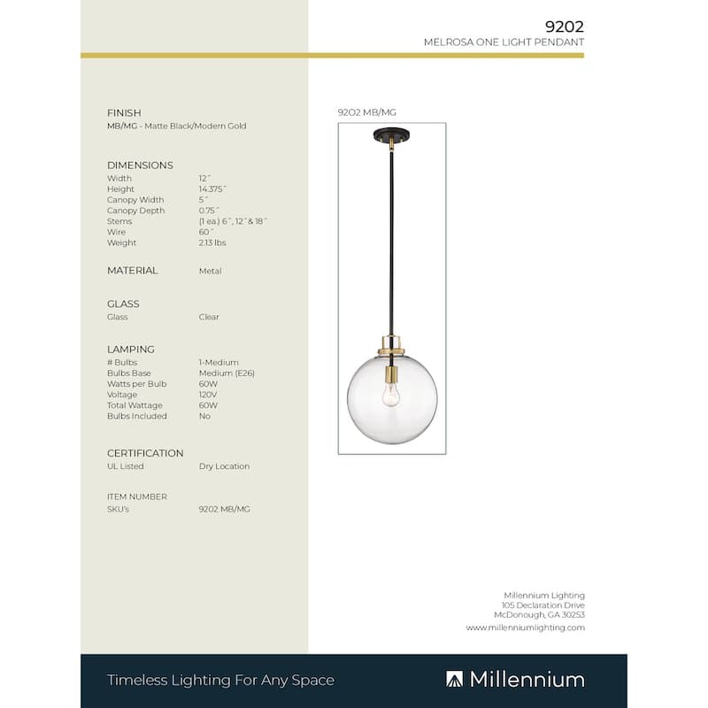 Millennium Lighting Mellrosa Matte Black/Modern Gold Pendant Light