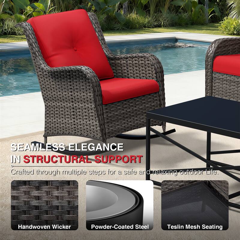 COZYWOR Patio Wicker Rocking Chair Set with Cushions - RED