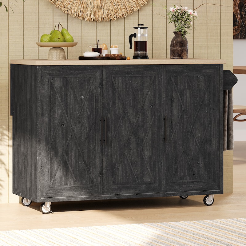 Mobile Kitchen Island Cart with Drop Leaf, Rolling Island Cart on Wheels, Storage Shelves & Towel Rack, Portable Kitchen Cabinet - Black