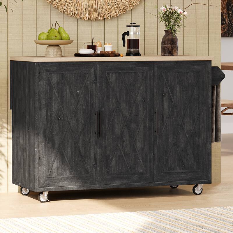 Rolling Kitchen Island with Internal Storage Rack, Drop Leaf Breakfast Bar, Storage Island Cart on Wheels with Drawers - Black A