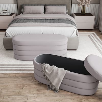 Velvet Ottoman Bench with Storage, Taupe