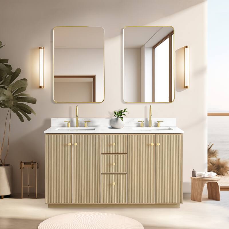 Oza Bath Vanity with Quartz Stone Top and Mirror - 60in. Double Sink - Natural Oak