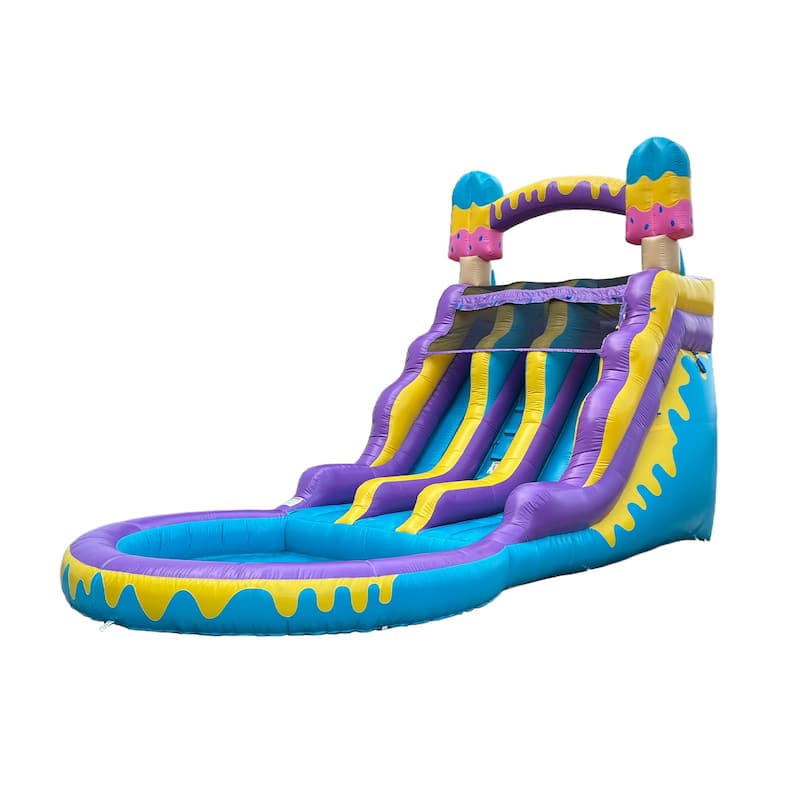 POP JUMP Ice Pop 24' Dual Lane Center Climb Waterslide with Attached Pool - Blue - 16' x 12' x 24'