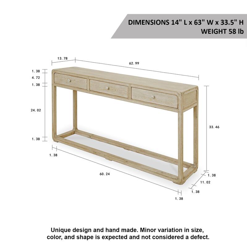 Artissance Reclaimed Peking Console Table With 3 Drawers & Weathered White Wash Finish, 34 Inch Tall
