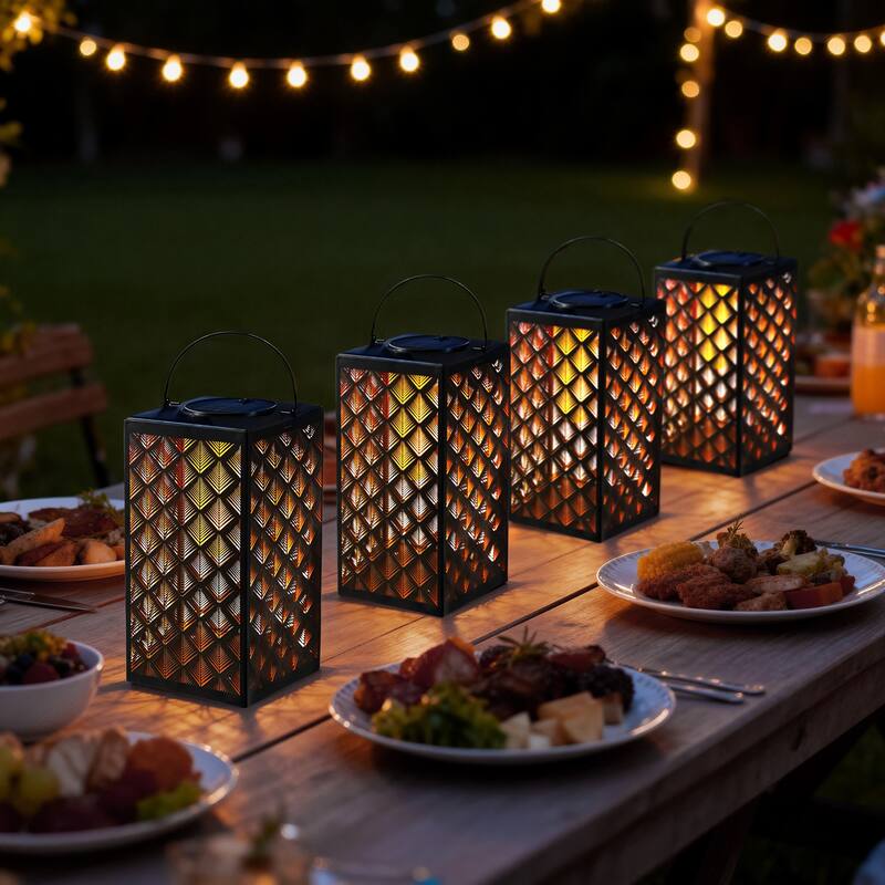Glitzhome 11"H Black Metal Cutout or Square Textured Glass Pattern Solar Powered Hanging Lantern with LED Light