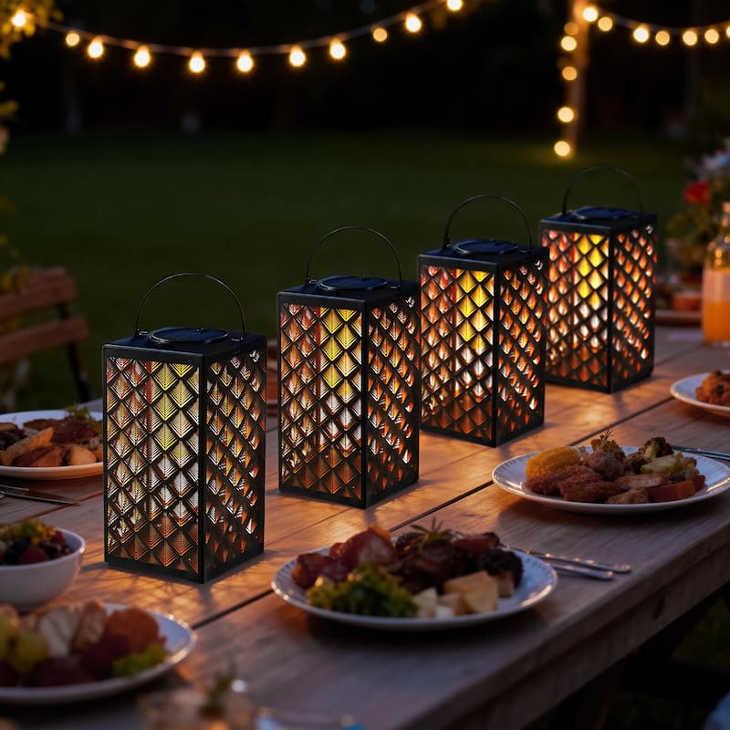 Set of 4 11"H Glass Pattern Oudoor Solar Powered Hanging Lanterns By Glitzhome - Square Textured