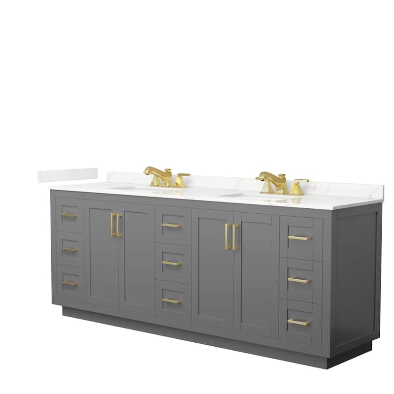 Miranda 84-inch Double Vanity, Quartz Top - Dark Gray, Gold Trim, Giotto Quartz Top