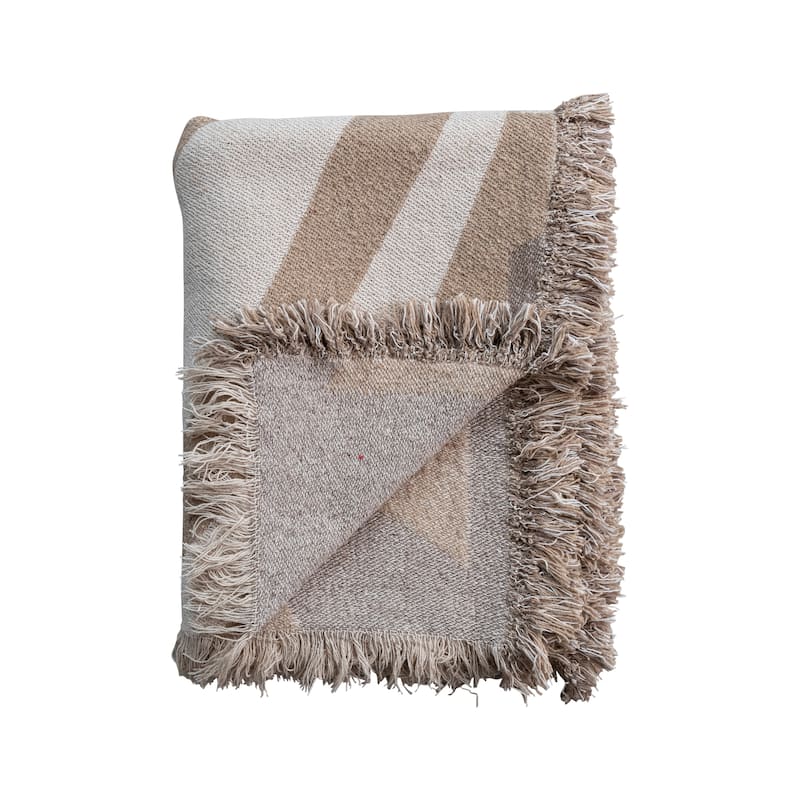 Woven Reclaimed Cotton Blend Throw with Wave Design and Fringe