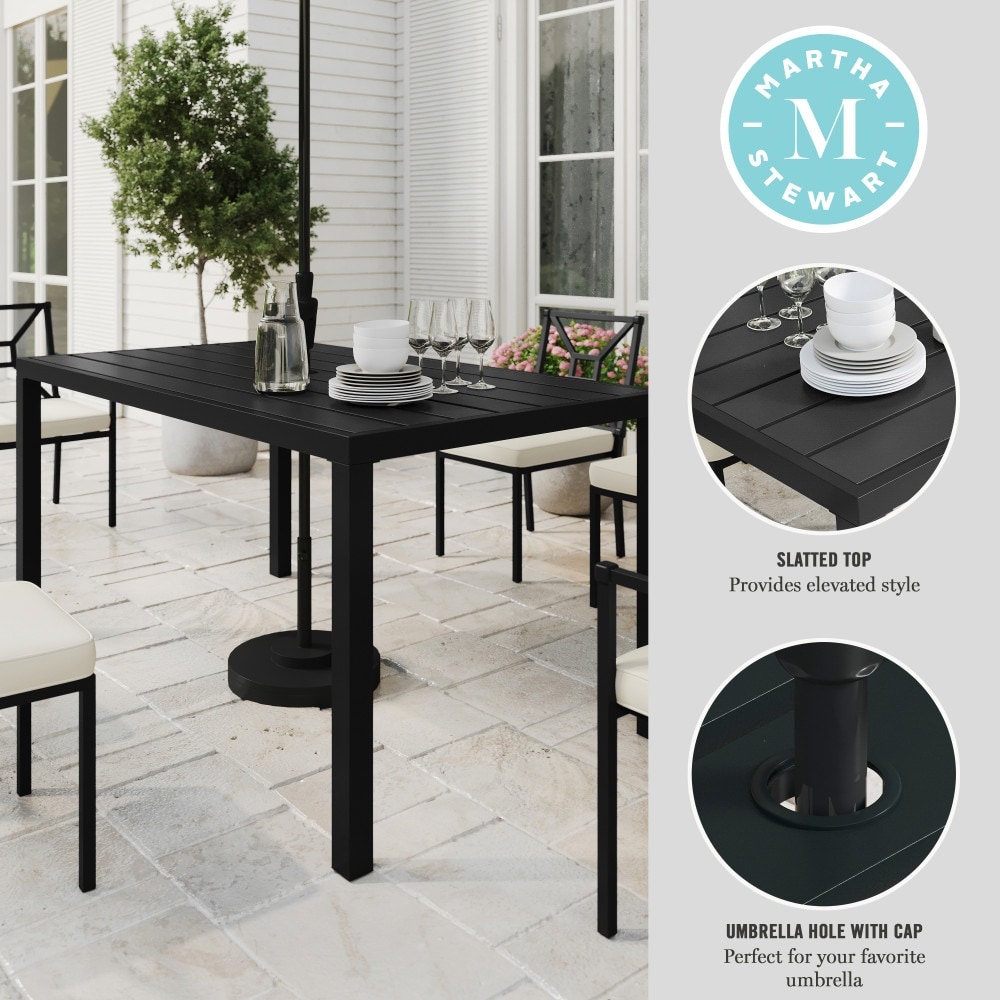 30 patio table with umbrella hole Lark 5 Piece Outdoor Dining Set - Synthetic Teak Poly Slats - 30" x 48" Steel Framed Table Resistant Cast Aluminum Phi Villa Wicker Outdoor Dining