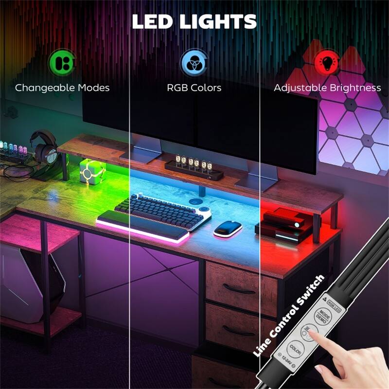 L Shaped Gaming Desk with RGB LED Light USB Charging Ports Storage Drawers and Ergonomic Monitor Stand Sturdy Office