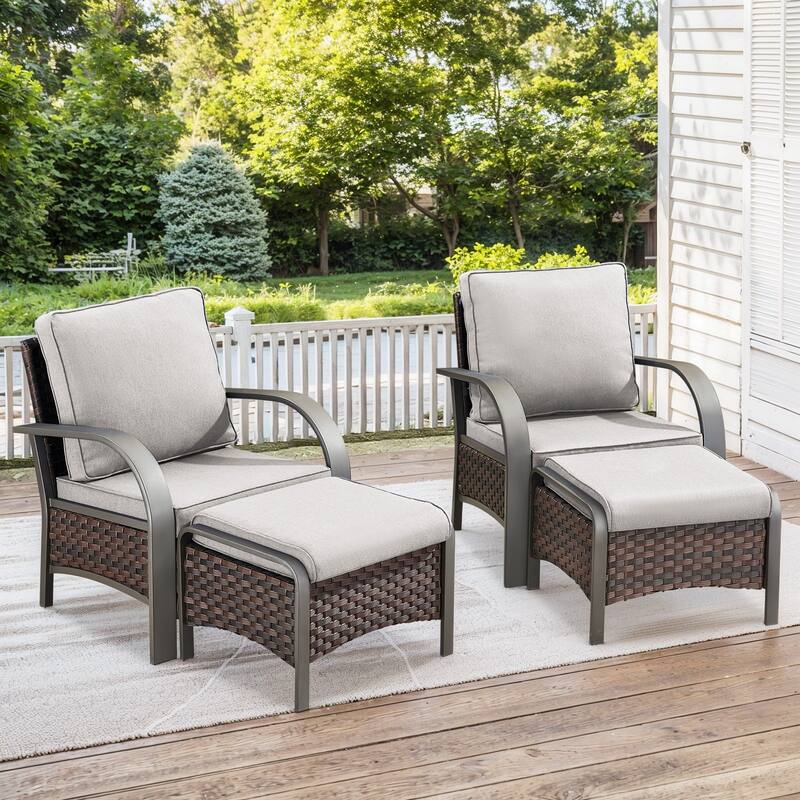 4 Piece Patio Outdoor Chair with Ottomans - Brown - Beige