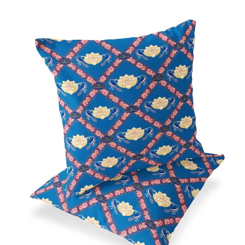 HomeRoots Set of Two 16" X 16" Blue and Pink Peacock Blown Seam Floral Indoor Outdoor Throw Pillow - 16.00' X '16.00' X '5.00