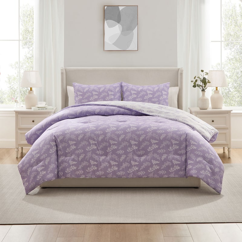 Empyrean 3PC Reversible Botanical Printed Comforter Bedding Set - Lavender - Full