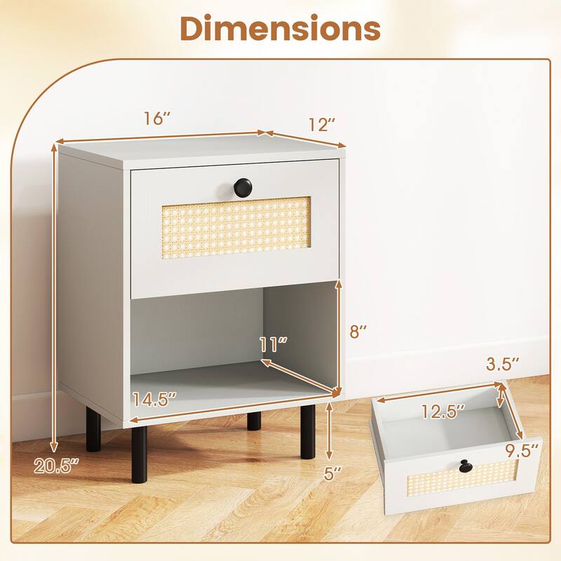 Rattan Nightstand Boho End Table with Rattan Drawer & Open Shelf