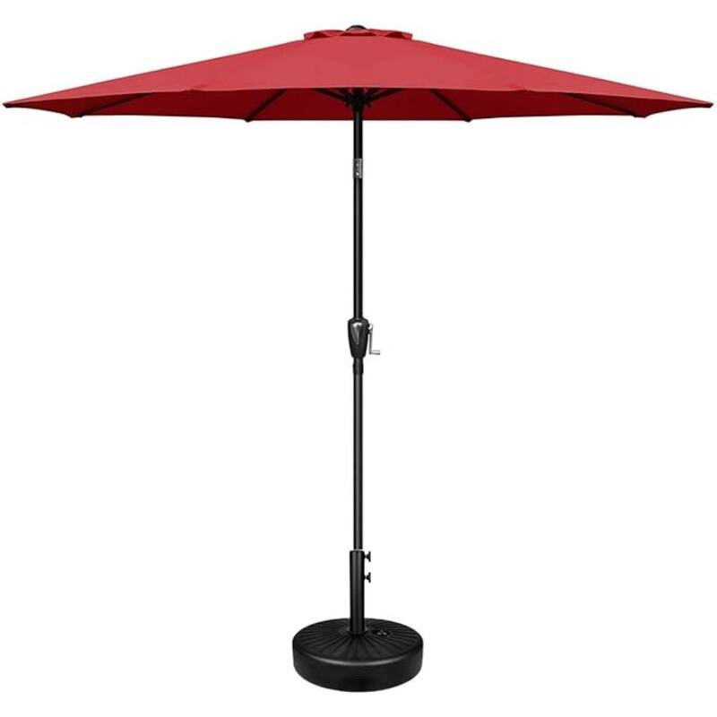 9 ft. Steel Market Outdoor Patio Umbrella with Base, Button Tilt, Crank and 8 Sturdy Ribs for Deck, Lawn& Pool in Red