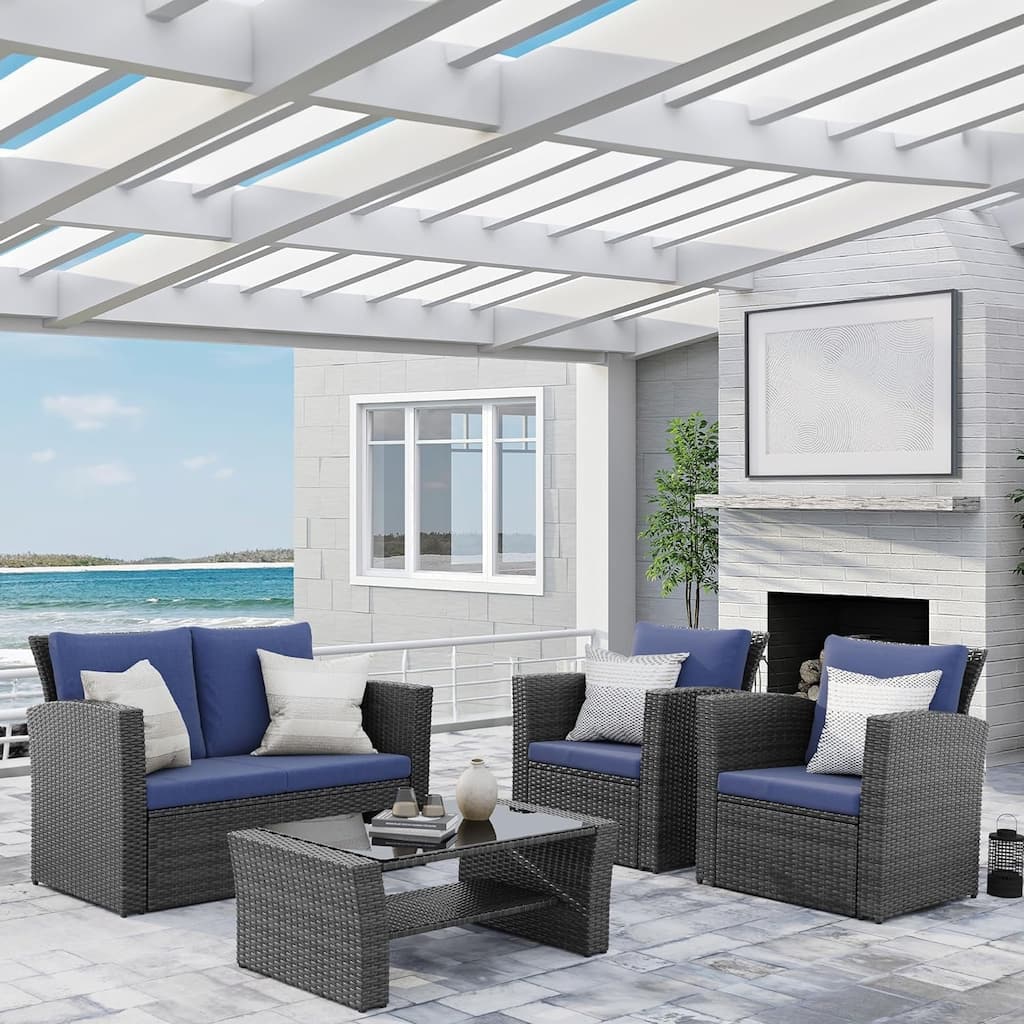 4 Piece Outdoor Patio Furniture Set, Outdoor Sectional Sofa with Tempered Glass Coffee Table and Cushions, Wicker Rattan