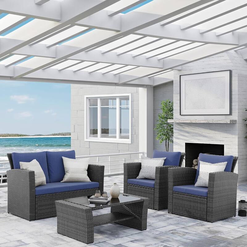 4 Piece Patio Wicker Furniture Set, Outdoor Rattan Sectional Sofa Set with Tempered Glass Coffee Table and Cushions - Blue