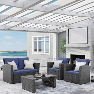 4 Piece Patio Wicker Furniture Set, Outdoor Rattan Sectional Sofa Set with Tempered Glass Coffee Table and Cushions