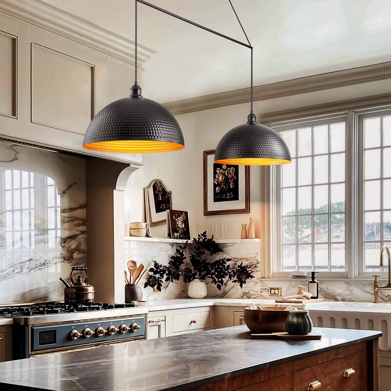 2-Light Modern Industrial Matte Black Linear Dome Hammered Large Pendant Light for Kitchen Island - 54.3 in. W x 11.4 in. H