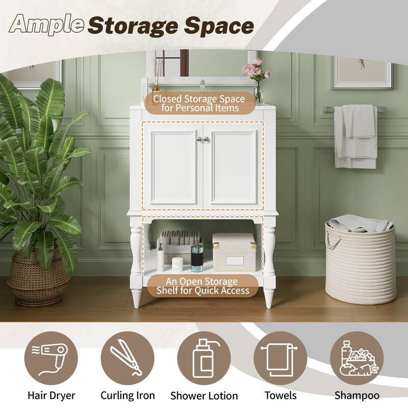 24" Modern Luxury Bathroom Vanity with Ceramic Sink, Compact Cabinet with Open Shelf & Closed Storage