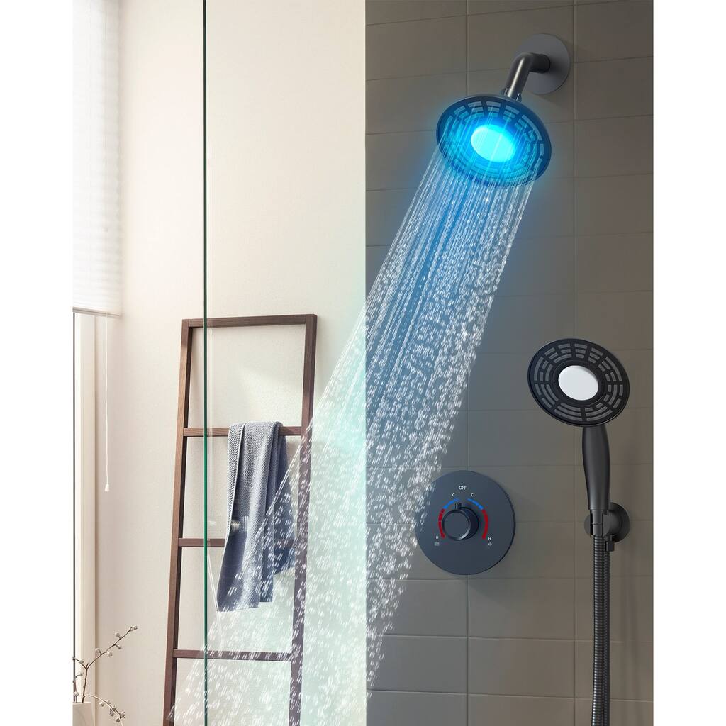 GRANDJOY 5 inch Wall Mount LED Shower Faucet with Handheld Shower Spray Combo High Pressure LED Temperature Display
