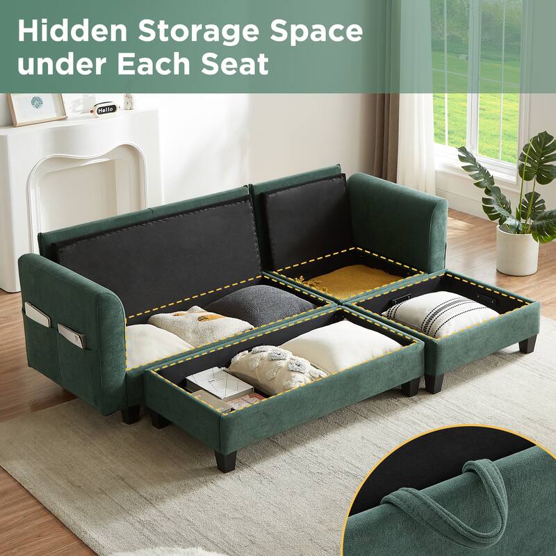 Chenille Sectional Sofa L-shaped Sofa with Movable Ottoman, Upholstered Sectional Sofa with 6 Throw Pillows, Bottom storage