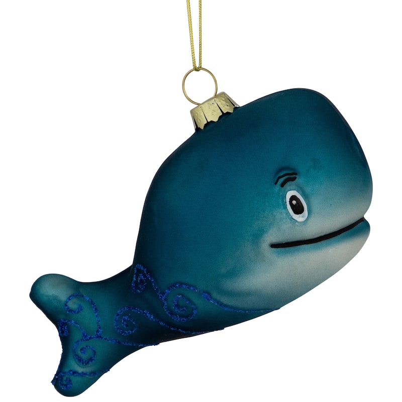 Glittered Whale Glass Christmas Ornament - 4" - Teal Blue - 2.5"