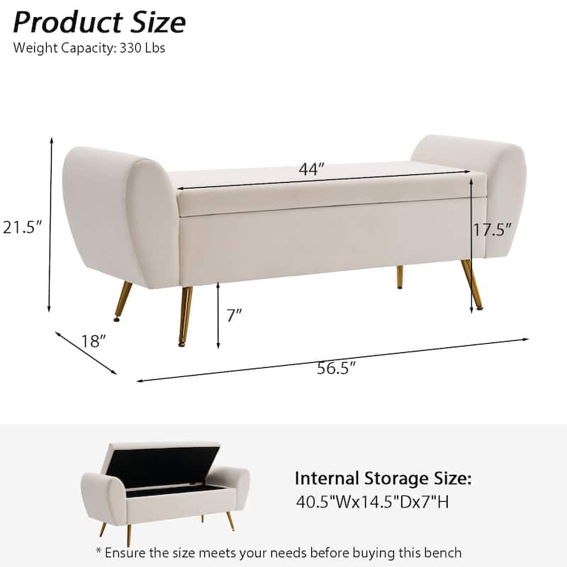 Upholstered 56"W Flip Top Storage Bench with arms