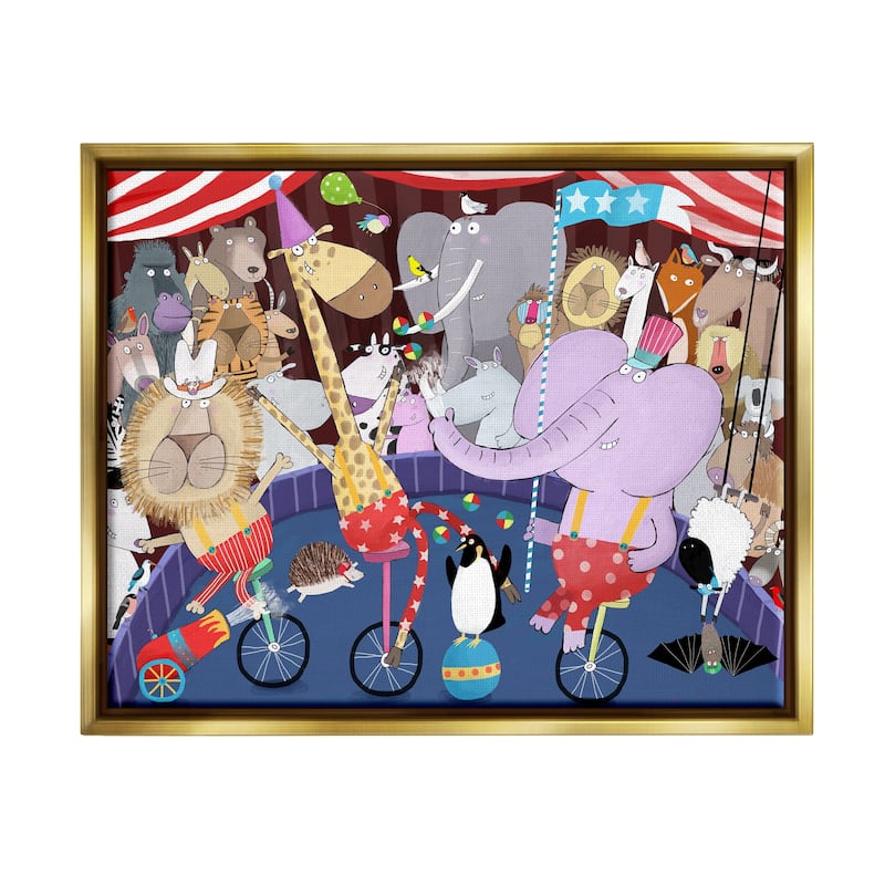 Stupell Animals in Circus Scene Framed Floater Canvas Wall Art Design by Carla Daly - 31 x 25 - Gold