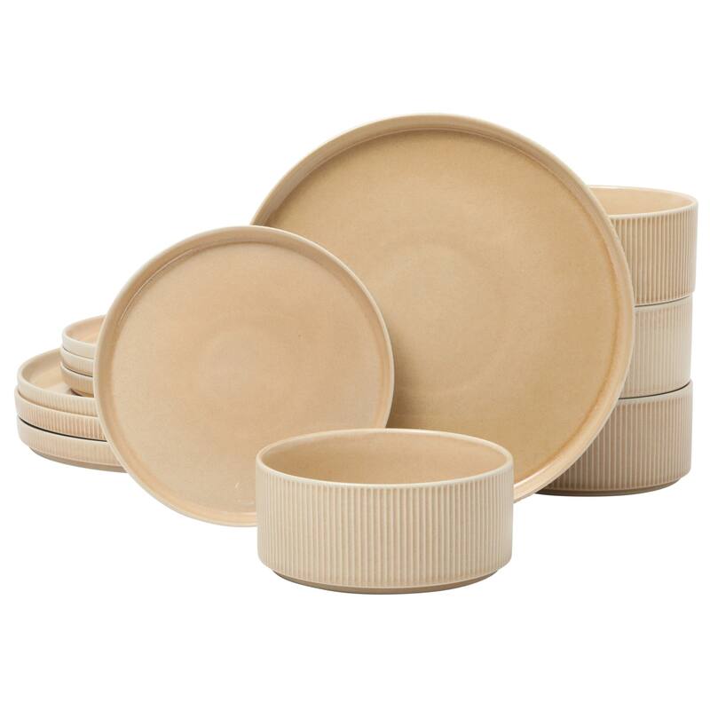Gibson Elite Solana Coast 12 Piece Stoneware Reactive Glaze (Service for 4) Plates and Bowls Modern Shape Dinnerware Set - Terracotta Orange