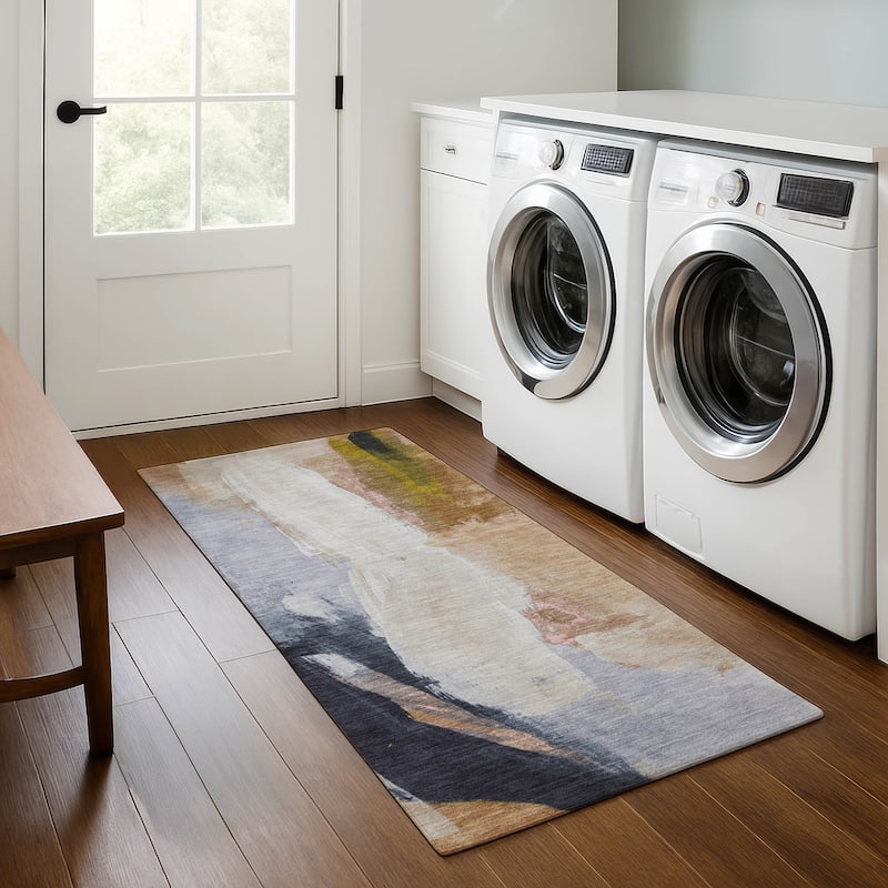 Premium Washable Super Soft Abstract Brushstrokes Mayfield Rug - Putty - 2'3" x 7'6"