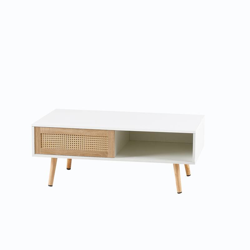 Rattan Coffee Table Modern Living Room Table with Sliding Rattan Door Panel Solid Wood Legs, for Living Room