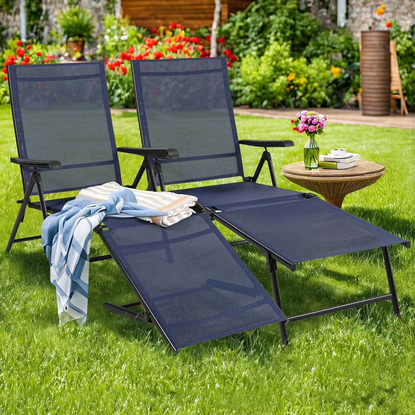 Navy Blue Patio Chaise Lounge Chairs Set of 2 Portable Folding